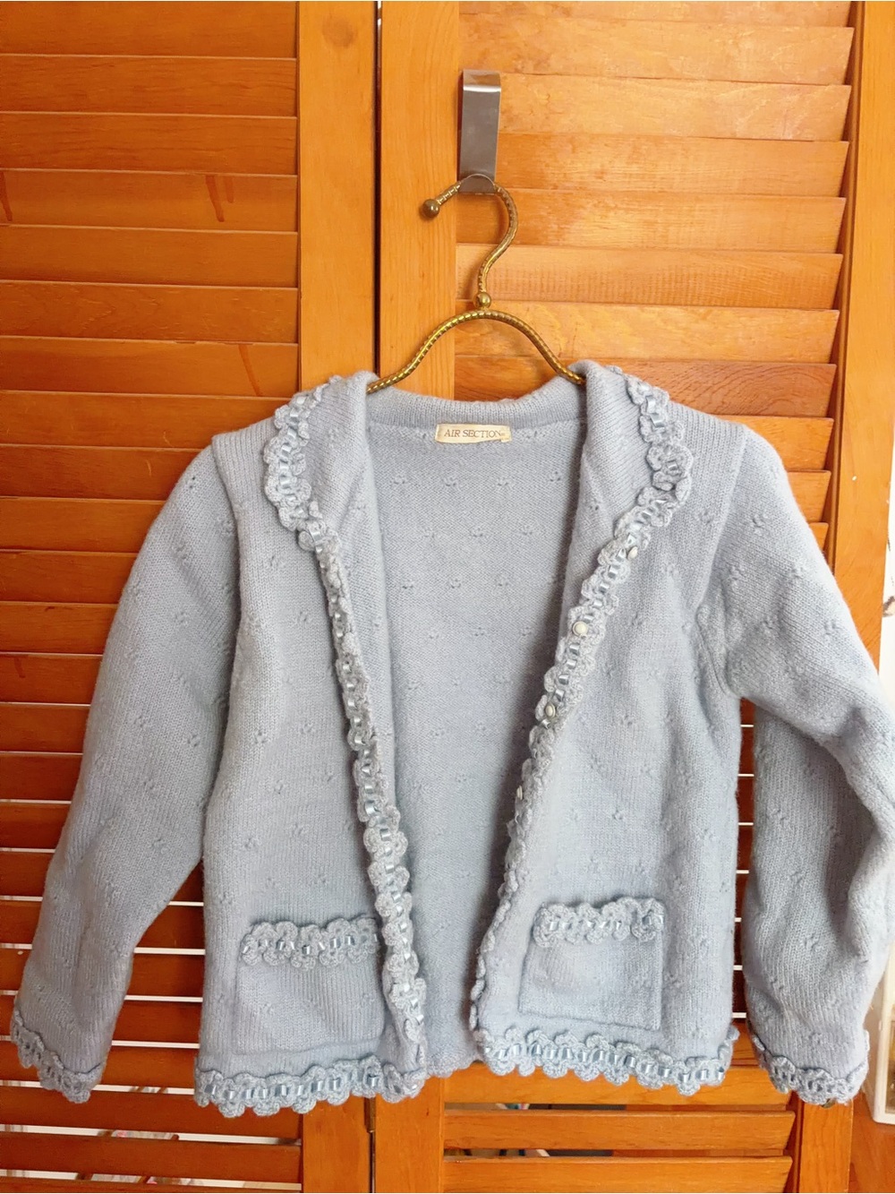 Light Blue Wool Girls Cardigan Size 5 Vintage Lolita Lace Knit Sweater